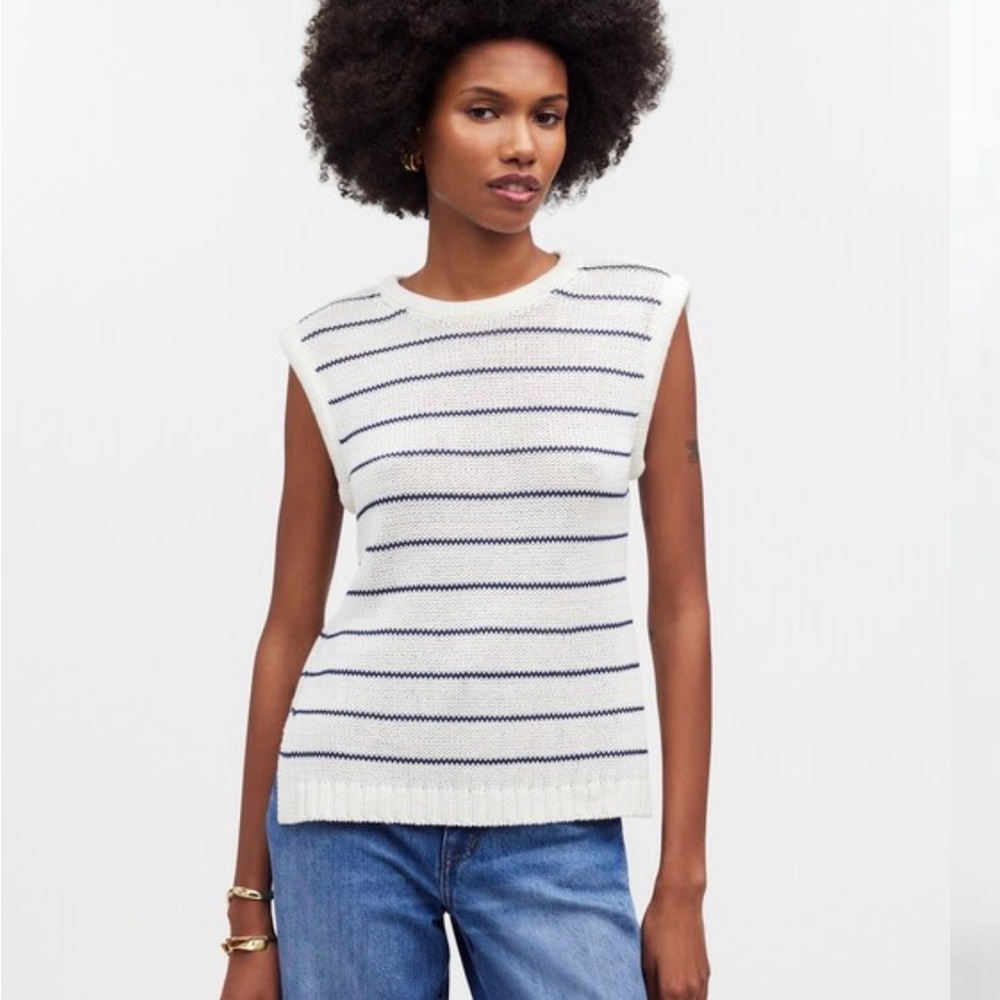 Madewell Ivory Knit Sweater Vest with Stripe Cotton Linen Blend